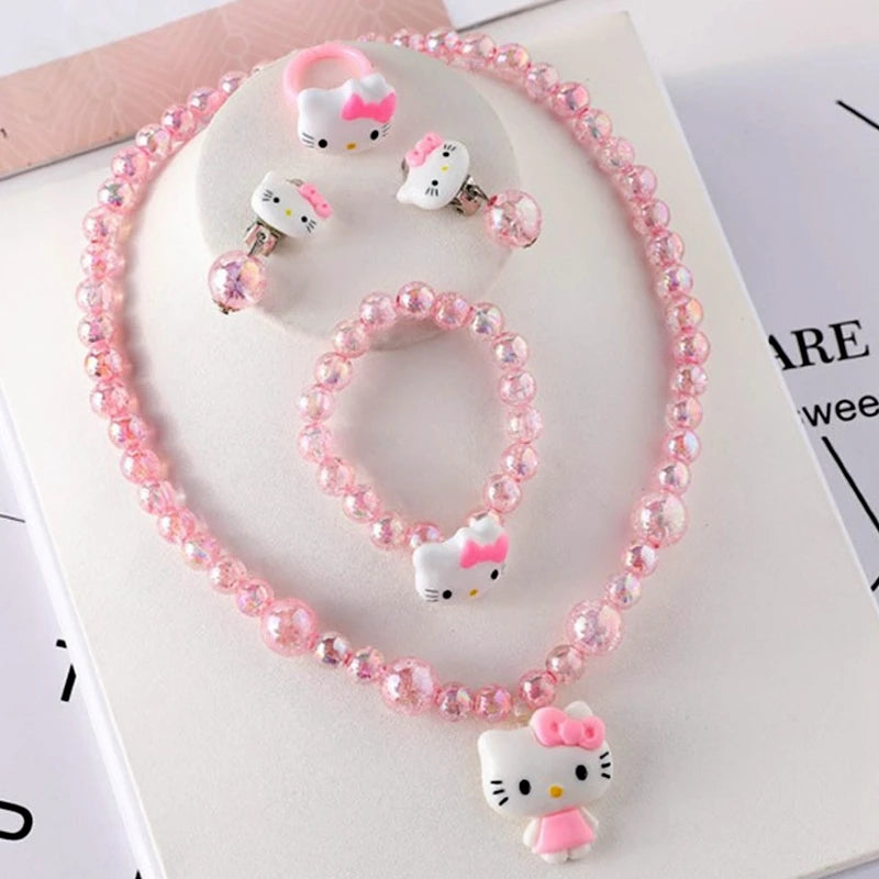 4pcs/Set Cartoon Sanrio Kawaii Hello Kitty Necklace, Hairclips & Ring Set