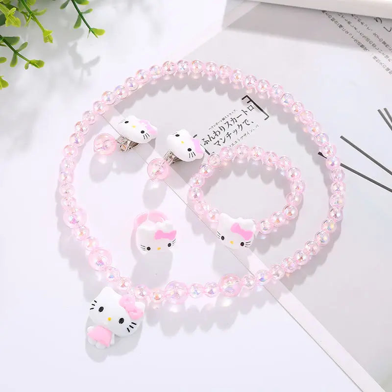 4pcs/Set Cartoon Sanrio Kawaii Hello Kitty Necklace, Hairclips & Ring Set - Image 7