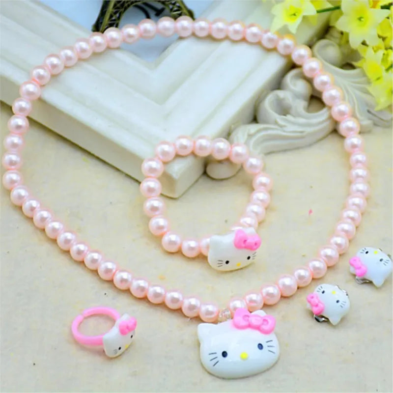 4pcs/Set Cartoon Sanrio Kawaii Hello Kitty Necklace, Hairclips & Ring Set - Image 3